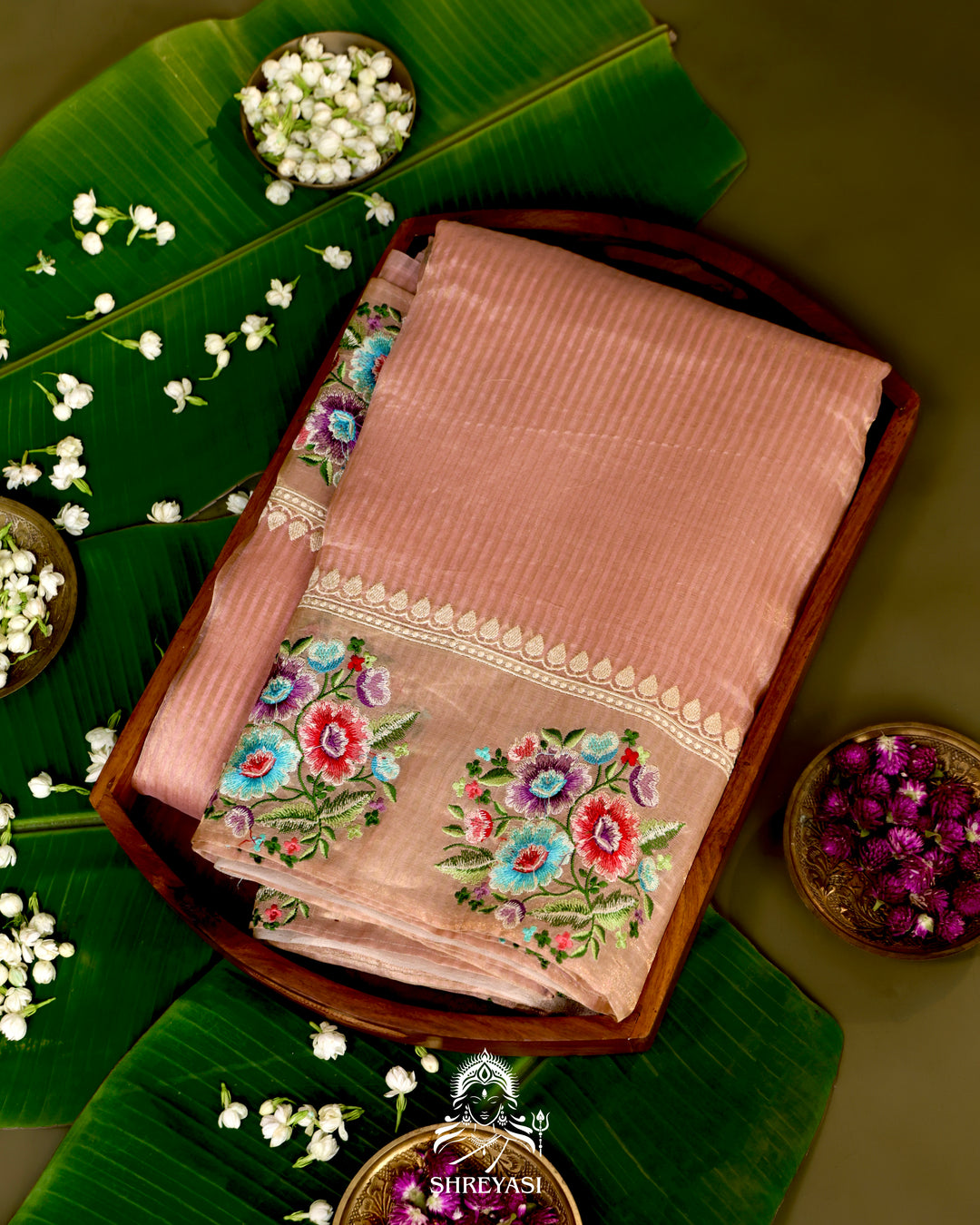 Handloom Banarasi Tissue Stripe Silk Saree with Satin Stitch Floral Embroidered Borders