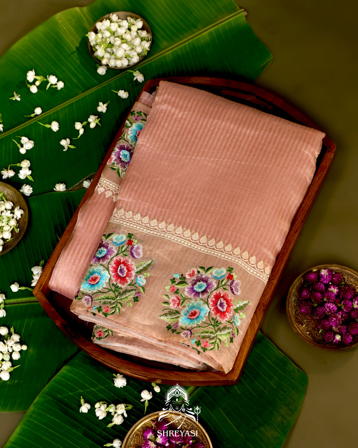 Handloom Banarasi Tissue Stripe Silk Saree with Satin Stitch Floral Embroidered Borders