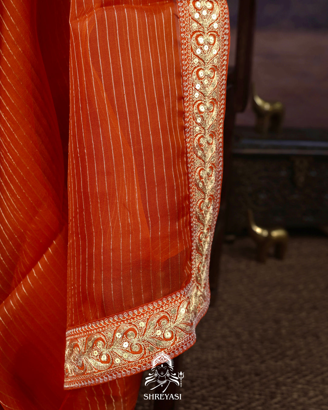 Pure Organza Silk Saree in Orange with Embroidered Border