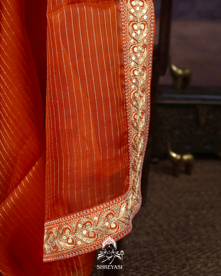 Pure Organza Silk Saree in Orange with Embroidered Border