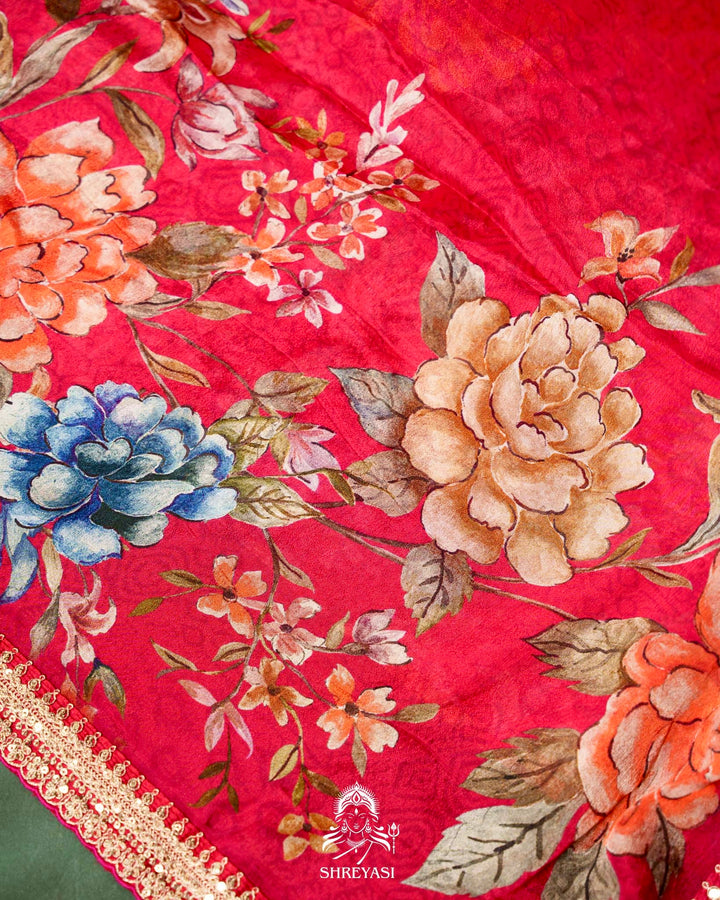 Floral Crepe Chiffon Saree with Embroidered Borders