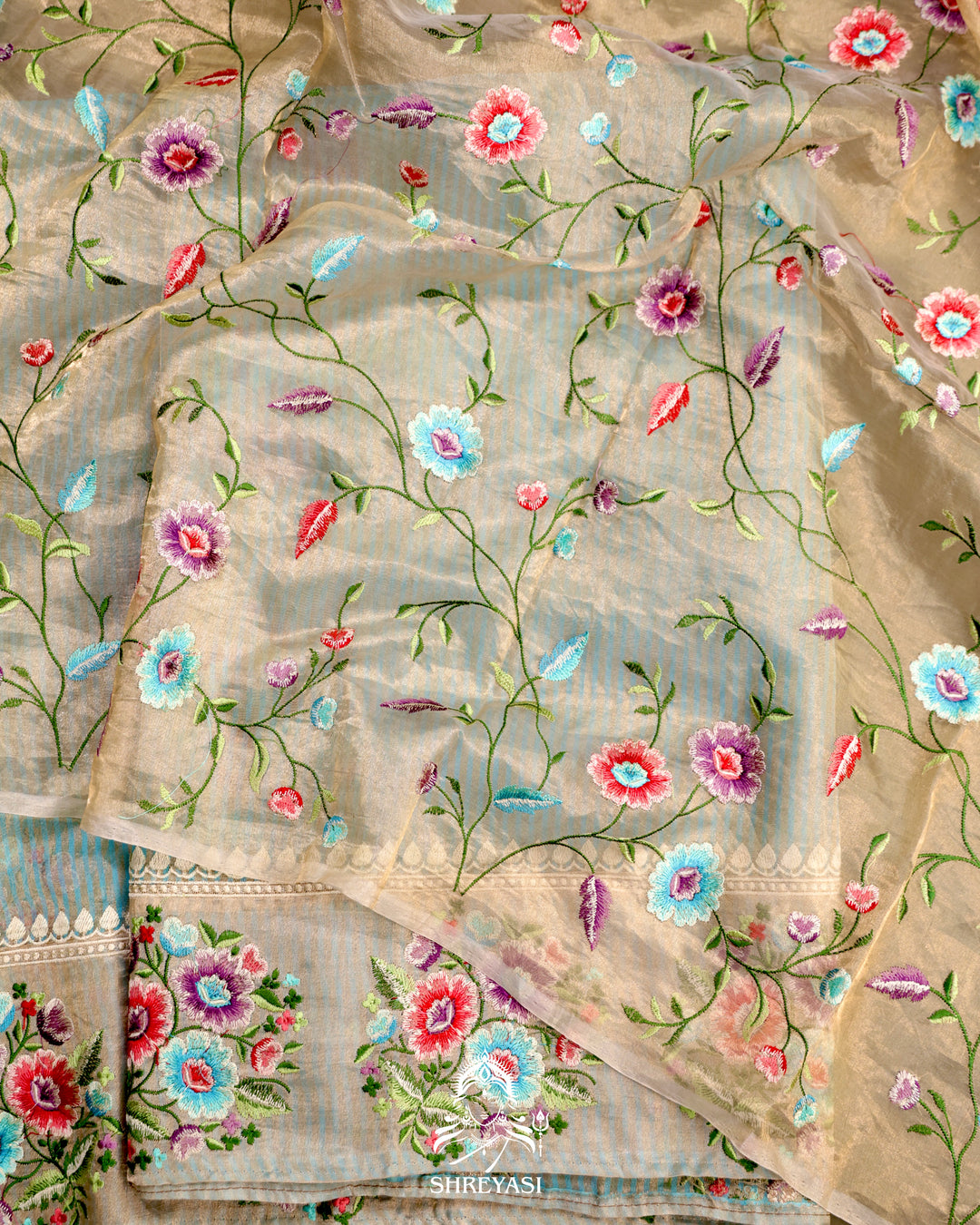 Handloom Banarasi Tissue Stripe Silk Saree with Satin Stitch Floral Embroidered Borders