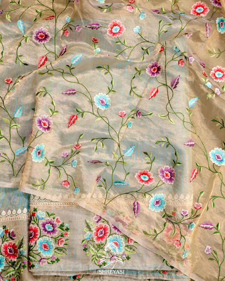 Handloom Banarasi Tissue Stripe Silk Saree with Satin Stitch Floral Embroidered Borders
