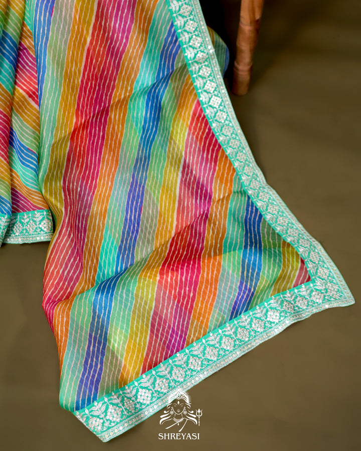 Pure Organza Silk Saree in Multicolor Leheriya with Mint Embroidered Border
