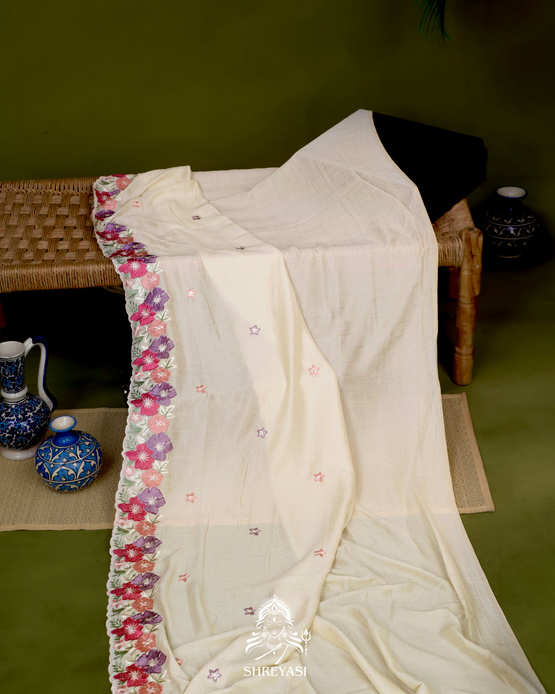 Tussar Silk Saree with Resham Floral Embroidery Border