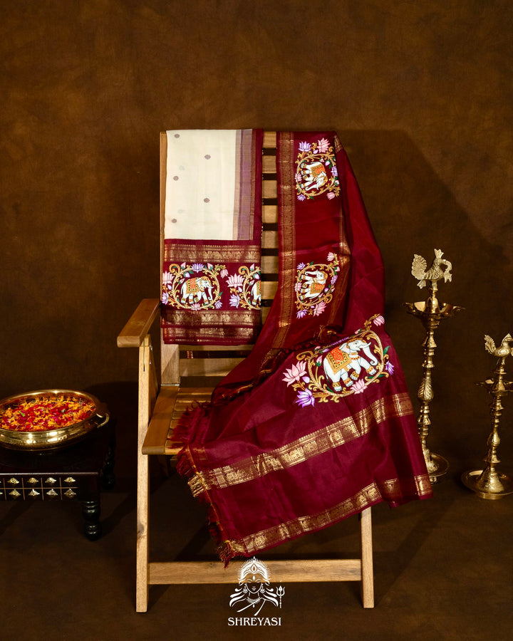 Traditional Tanjore Painting on Handloom Pure Kanjivaram Silk Sarees with Real Zari