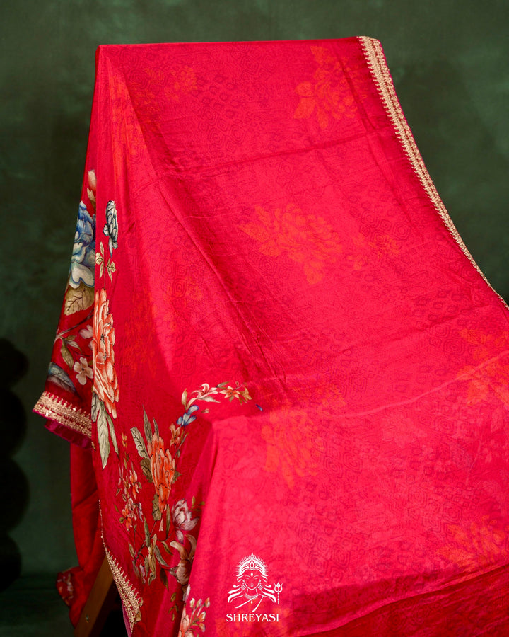 Floral Crepe Chiffon Saree with Embroidered Borders