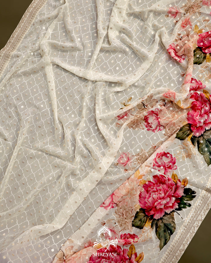 Georgette Floral Saree with Thread Embroidery and Micro Sequins