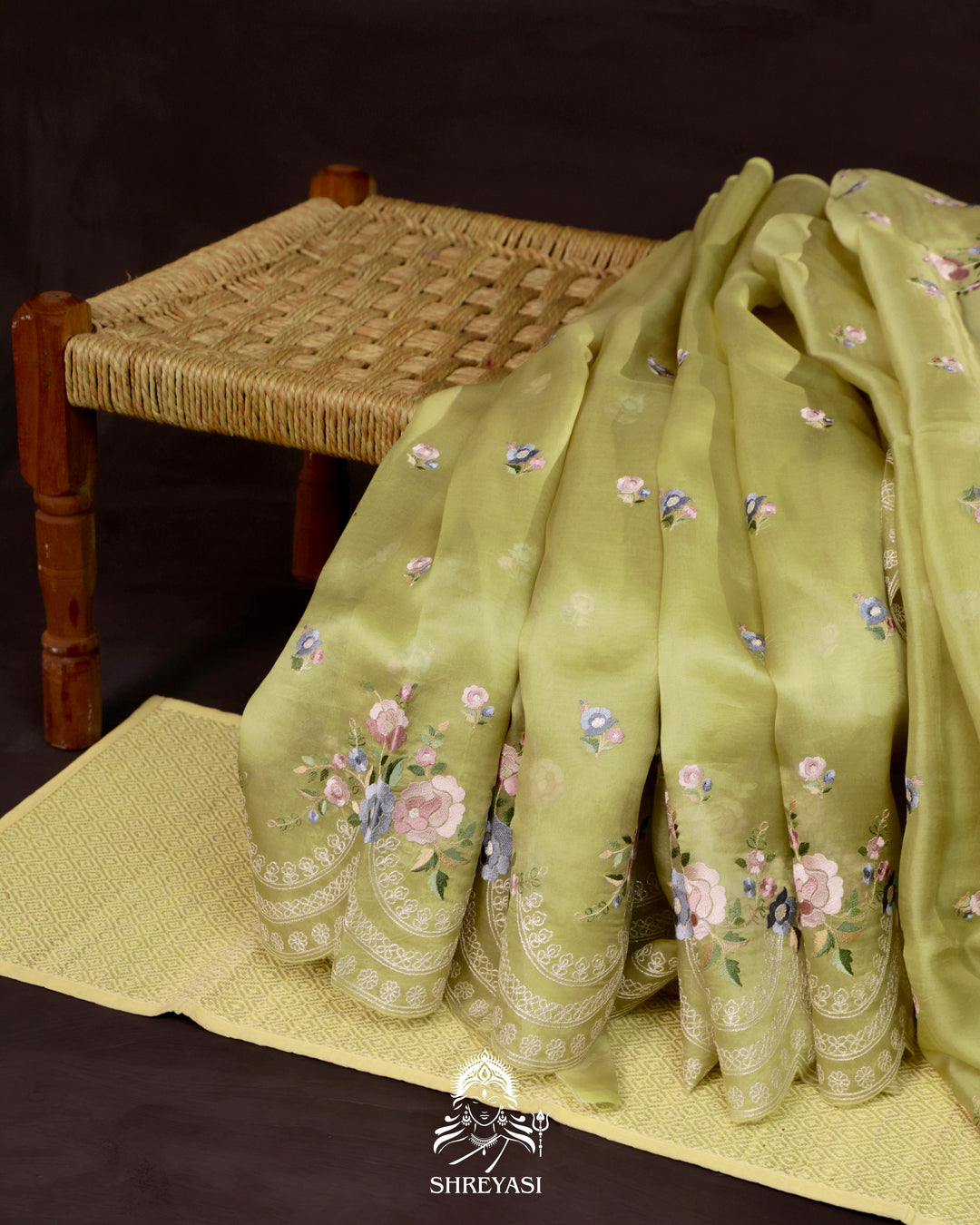 Organza Silk Saree with Pita Hand Embroidery and Floral Threadwork