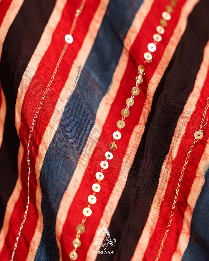 Handloom Pure Modal Silk Ajrakh Hand Block Printed Saree with Natural Dyes, All Over Aari Embroidery & Embroidered Borders