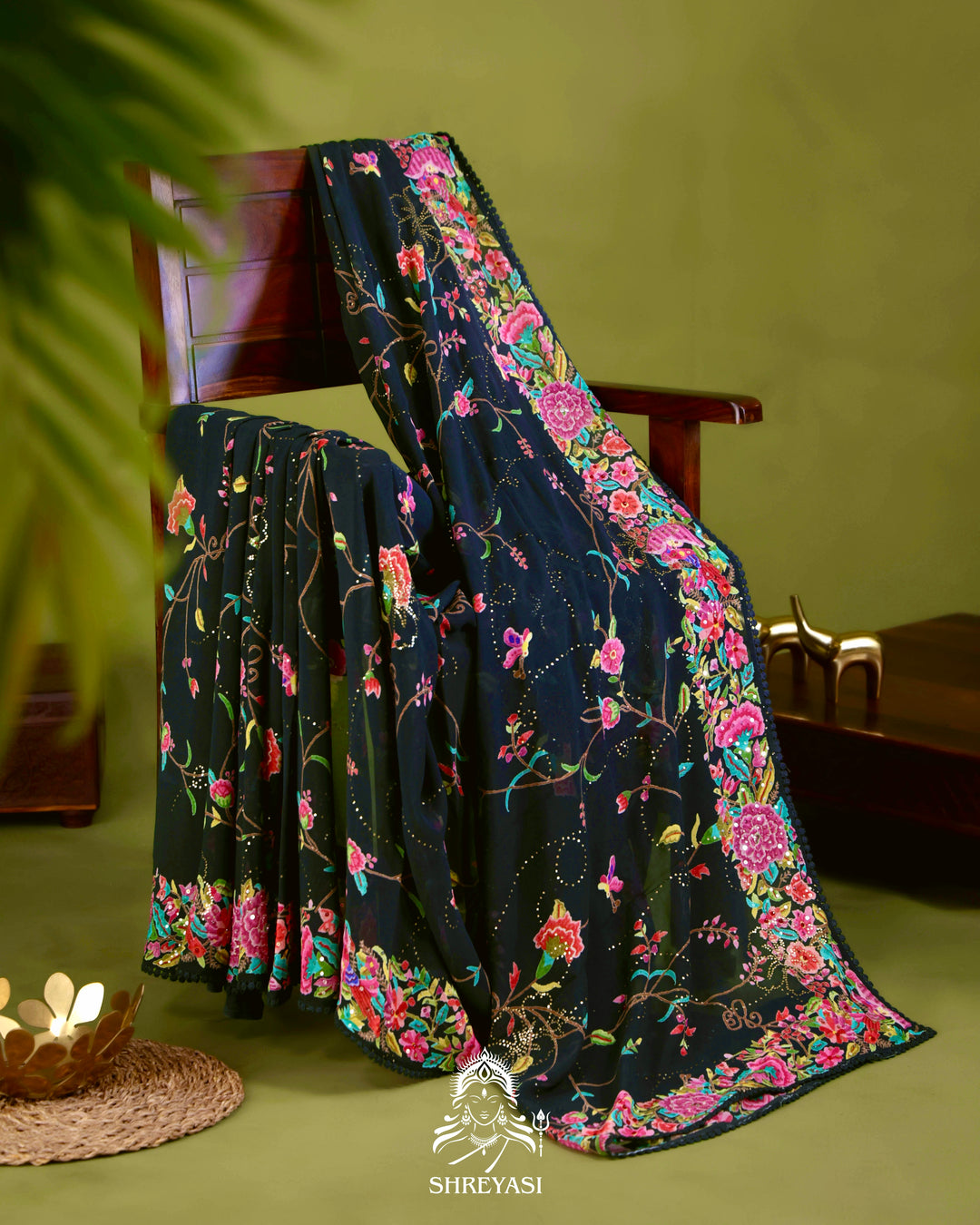 Midnight Floral Pure Georgette Saree with Mukaish, Bead & Sequin Work