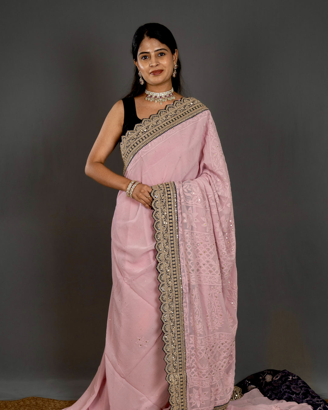 Hand Embroidered Chikankari Pure Georgette Saree with Scalloped Embroidered Borders and Contrast Banaras Blouse
