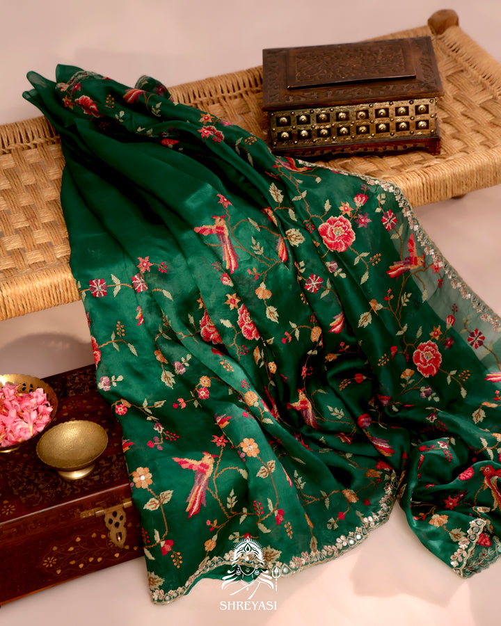 Organza Silk Saree with All-Over Petit Point Embroidery and Gotapatti Border
