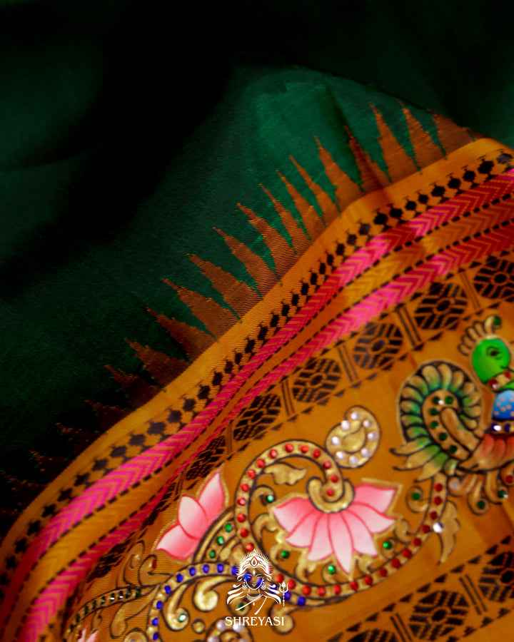 Handloom Pure Kanjivaram Silk Saree in Real Zari with Tanjore Mayil and Kamalam Artwork