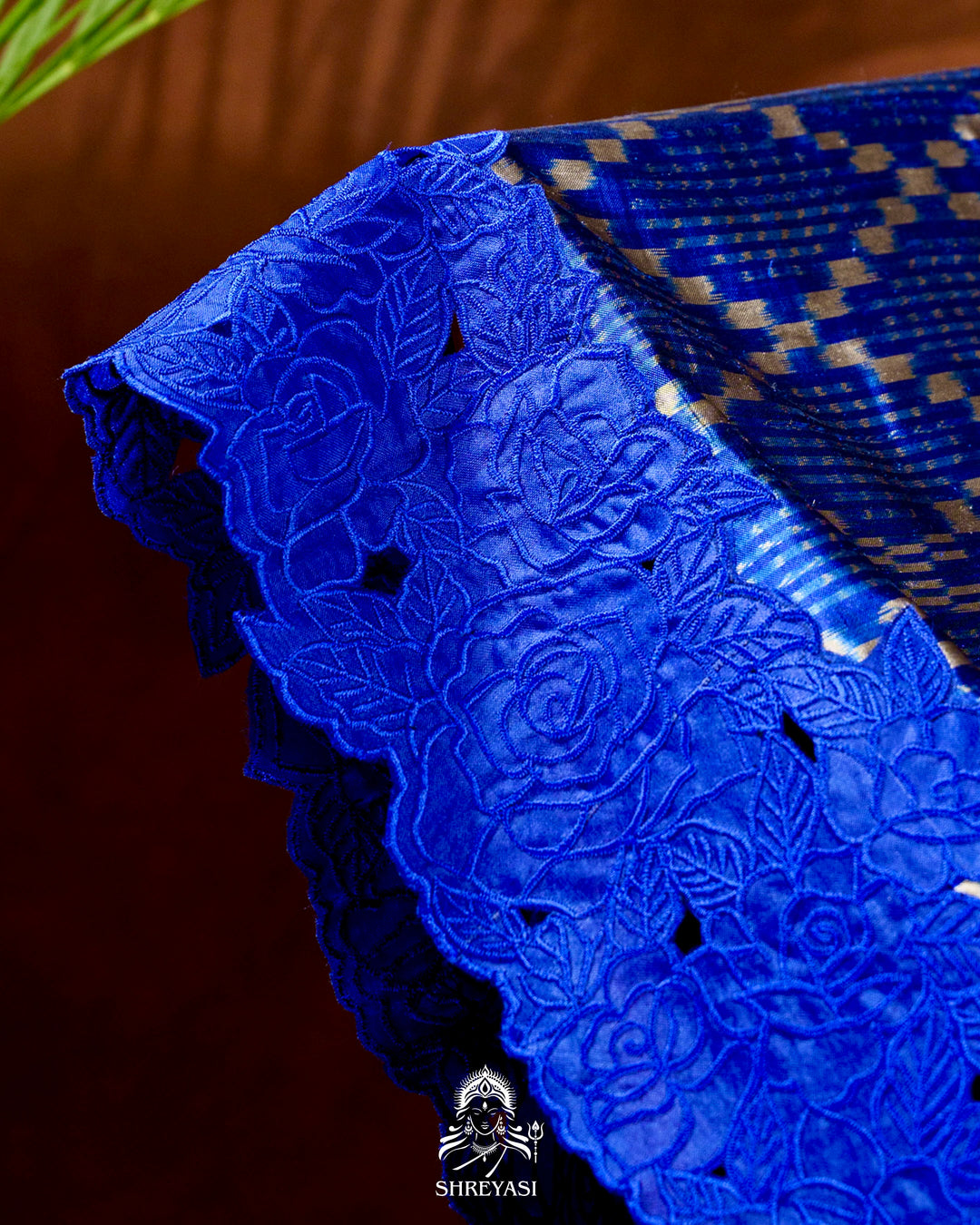 Handloom Pure Patola Silk Saree with Scalloped Floral Appliqué Embroidered Borders