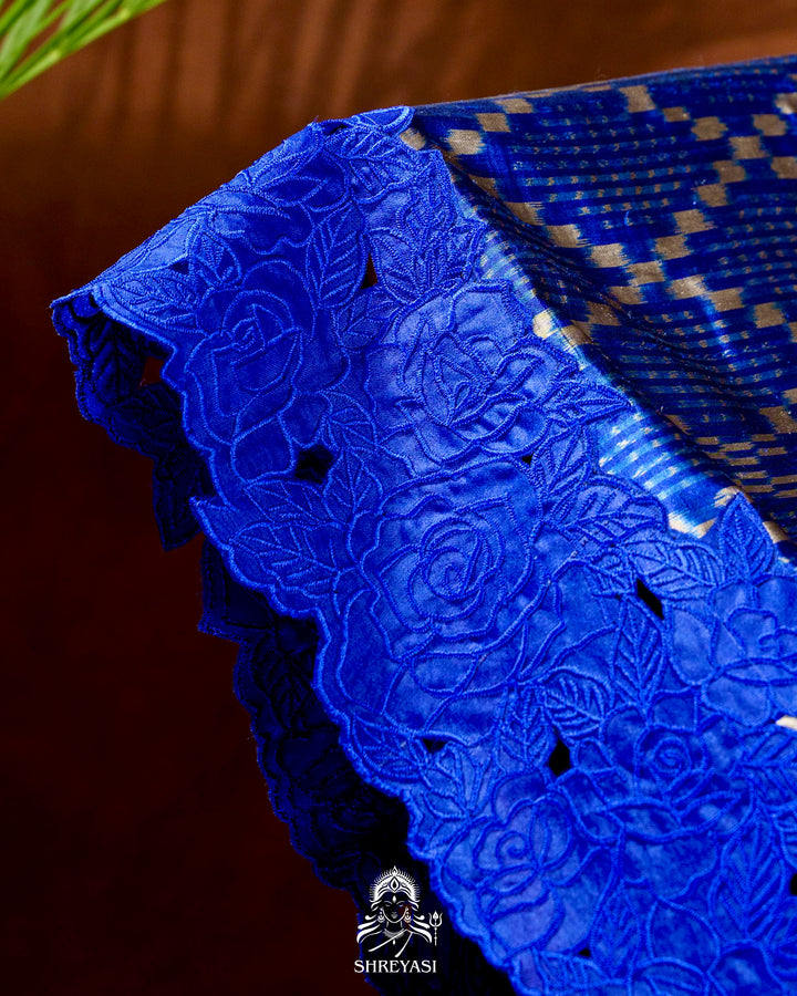 Handloom Pure Patola Silk Saree with Scalloped Floral Appliqué Embroidered Borders