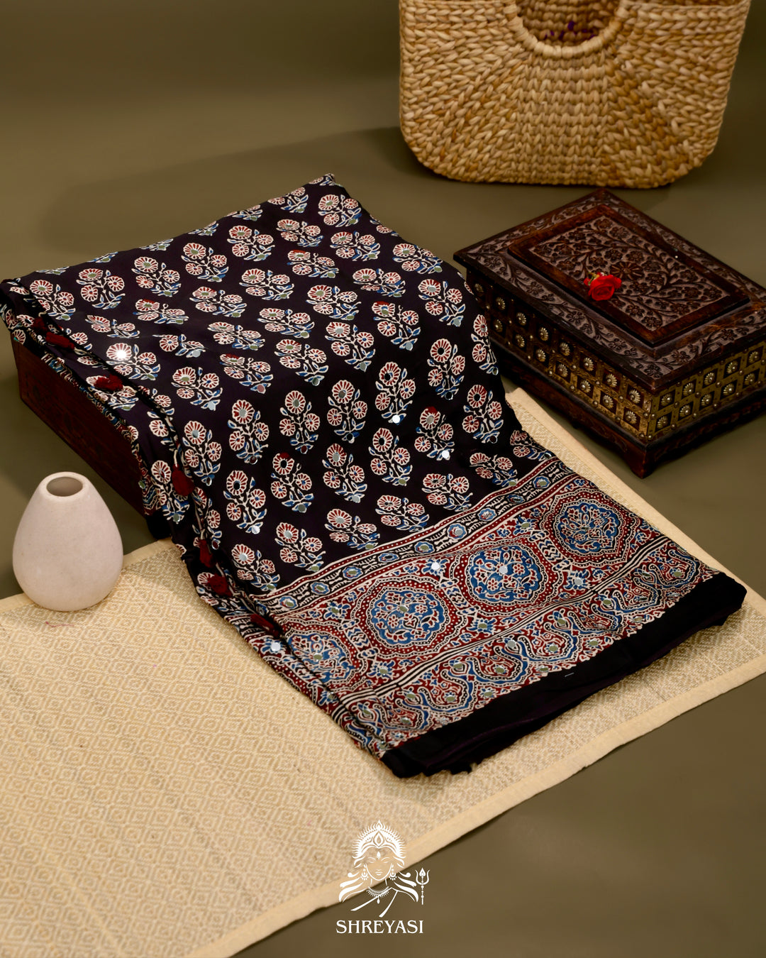 Ajrakh Hand Block Printed Pure Modal Silk Saree With Mirror Work