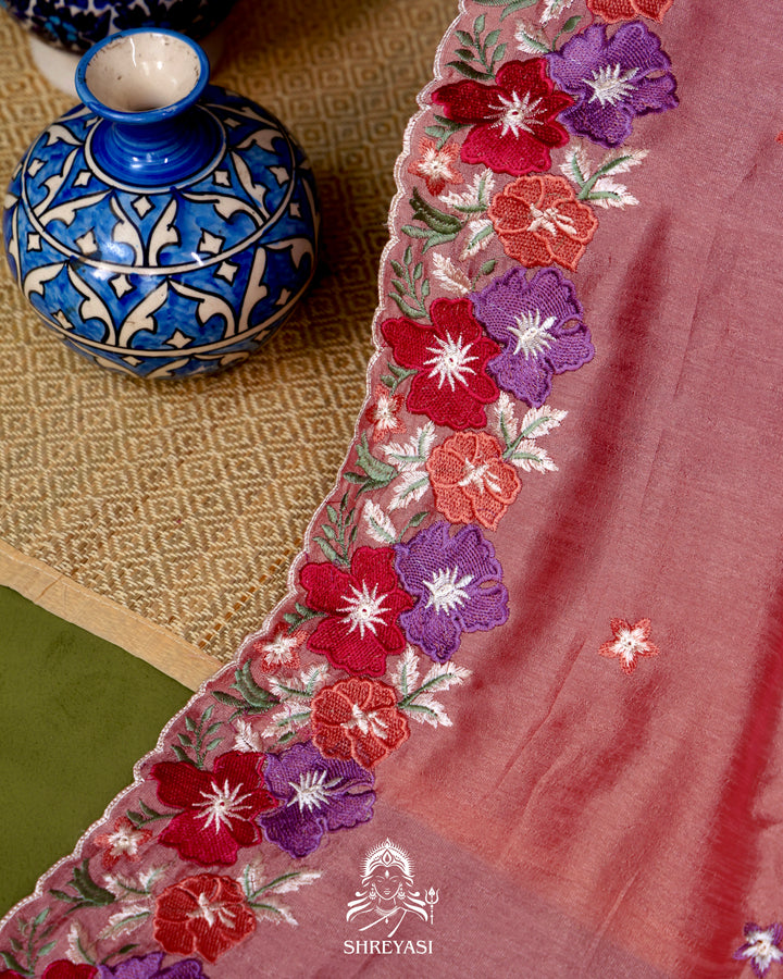 Tussar Silk Saree with Resham Floral Embroidery Border