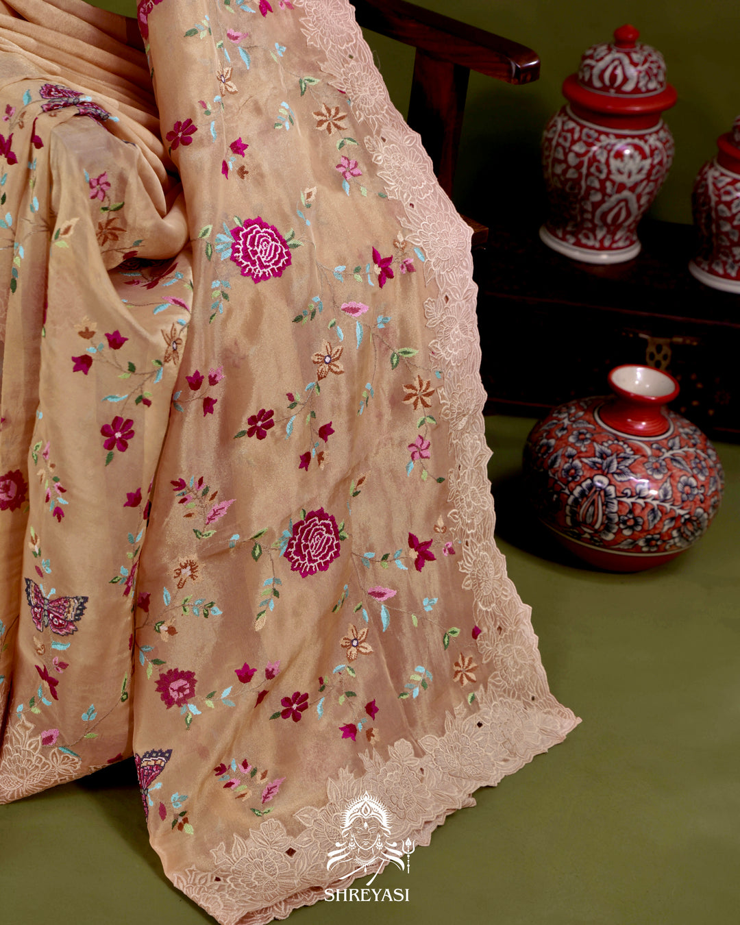 Handloom Pure Tissue Silk Saree with All Over Petit Point Embroidery and Chantilly Lace Borders
