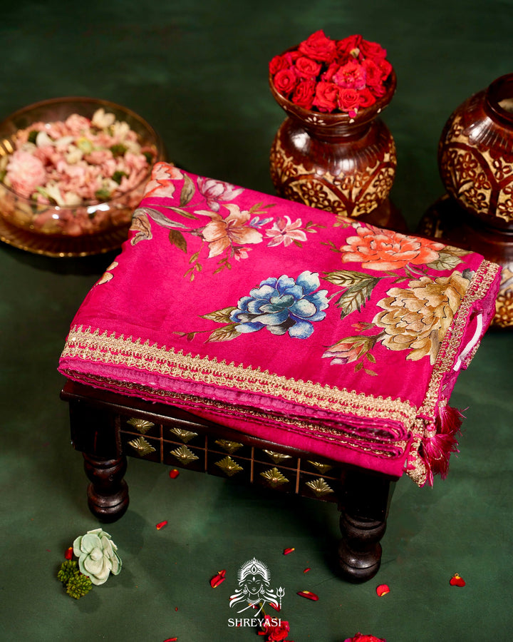 Floral Crepe Chiffon Saree with Embroidered Borders