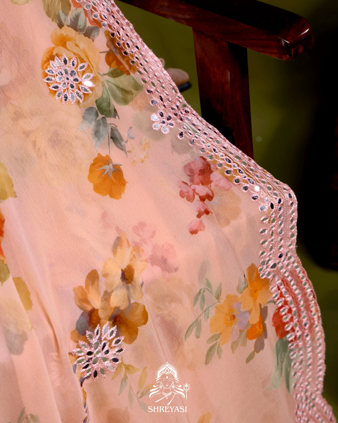 Floral Chiffon Georgette Saree with Scalloped Mirror Embroidery