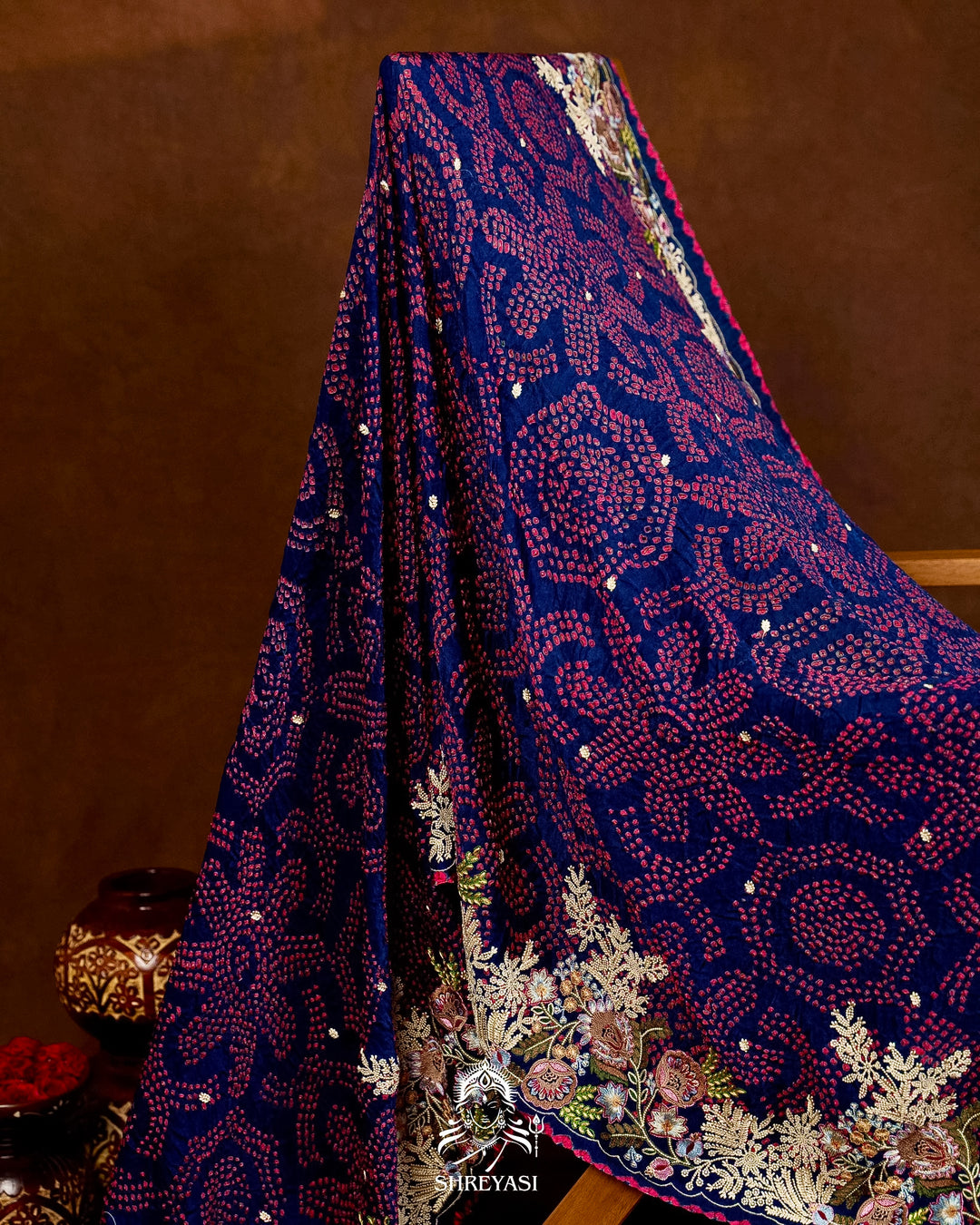 Handloom Pure Gaji Silk Bandhej Saree with Floral Embroidery