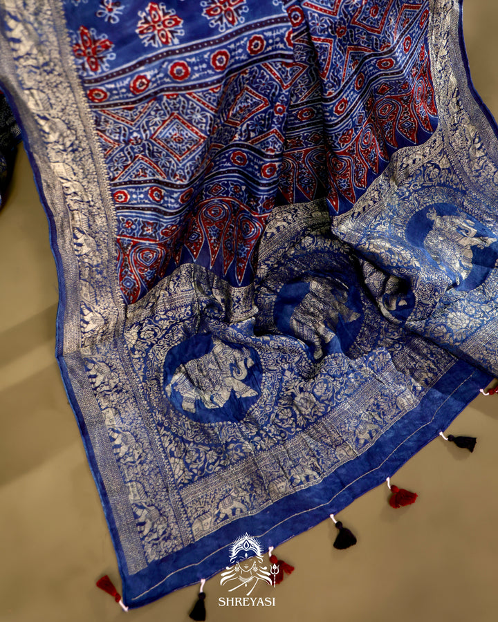 Hand Block Printed Ajrakh Dola Silk Saree with Zari Brocade Blouse