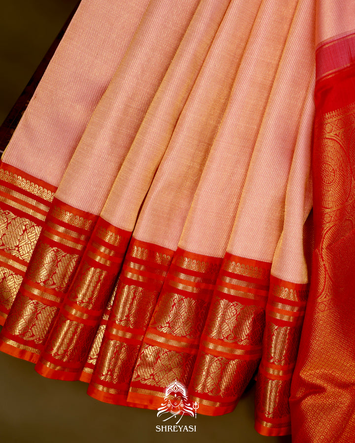 Handloom Pure Kanjivaram Silk Saree in Real Zari - Peach pink with Red and Orange Korvai Border
