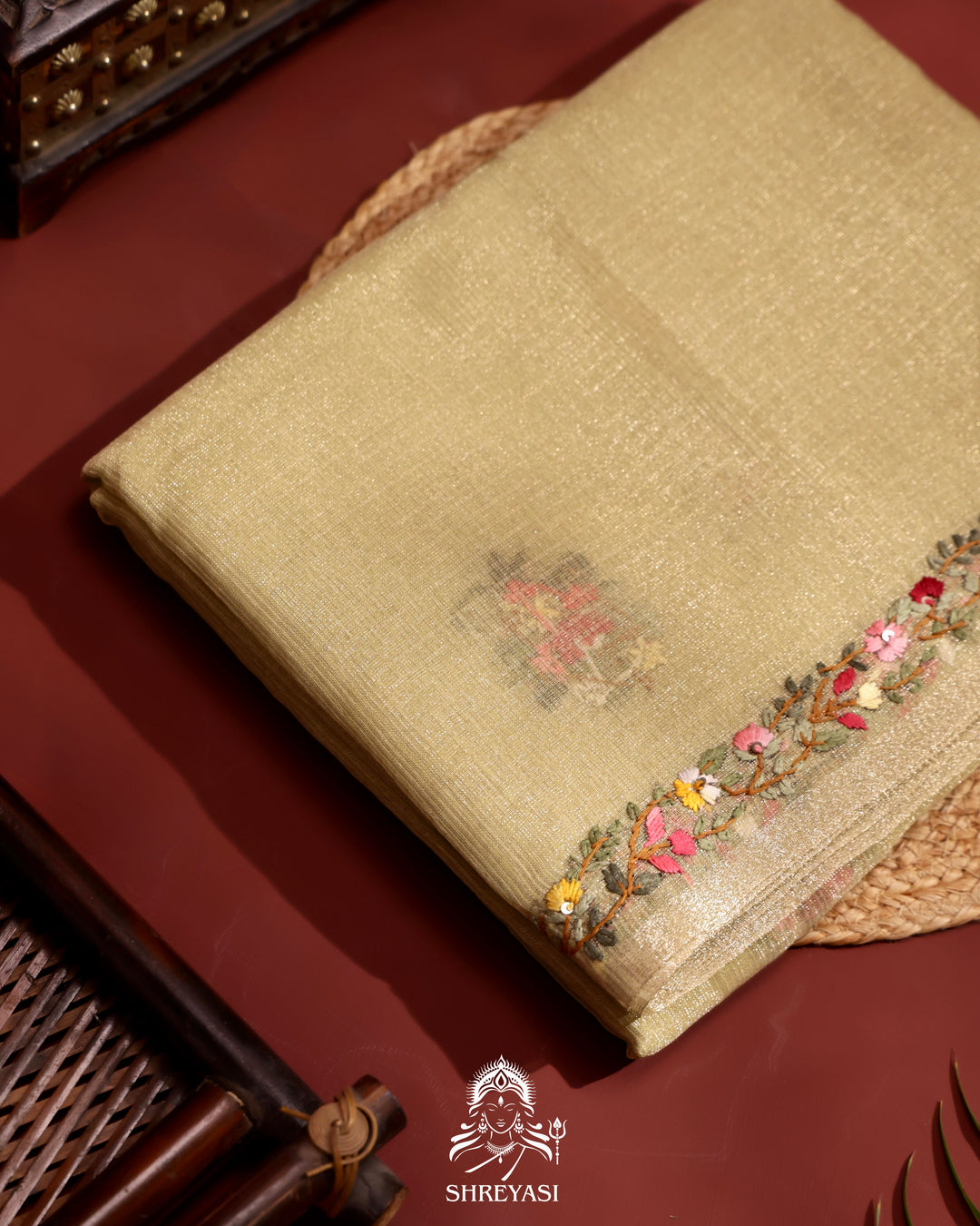 Tissue Linen Saree with Resham Floral Embroidery