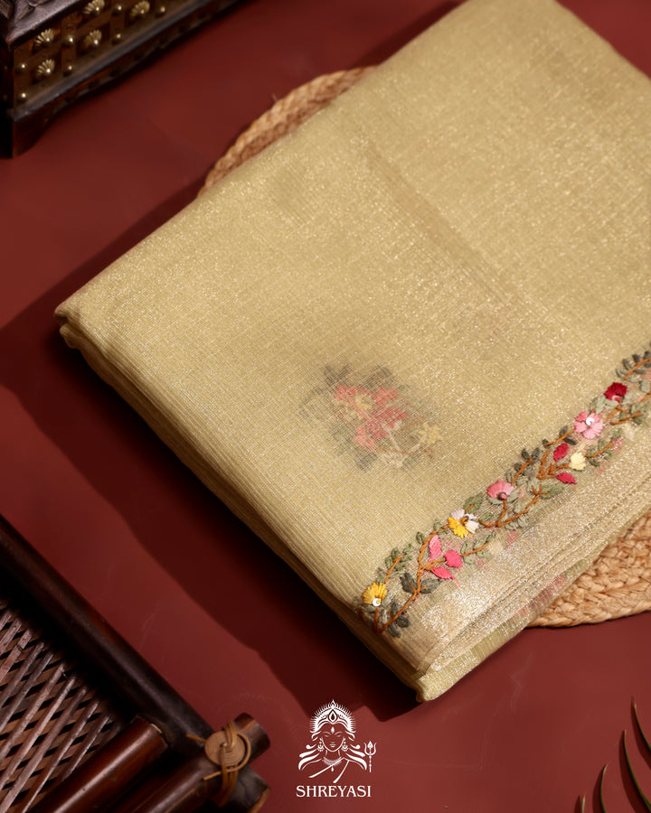 Tissue Linen Saree with Resham Floral Embroidery