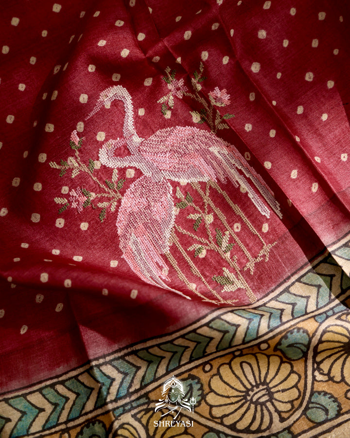 Tussar Silk Bandhej Saree with Pen Kalamkari and Petit Point Embroidery