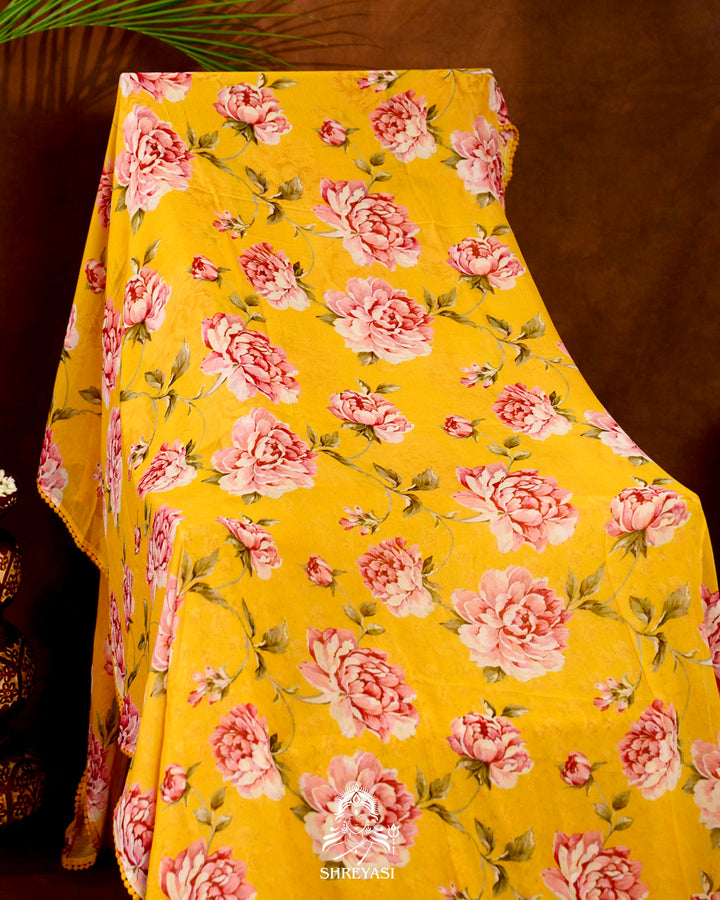 Pure Chiffon Floral Saree with Crochet Embroidery Border