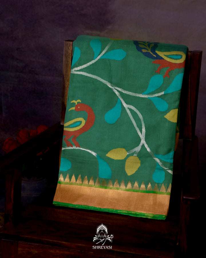 Handwoven Pure Ponduru Khadi Jamdani Saree with All-Over Peacock Vine Weave