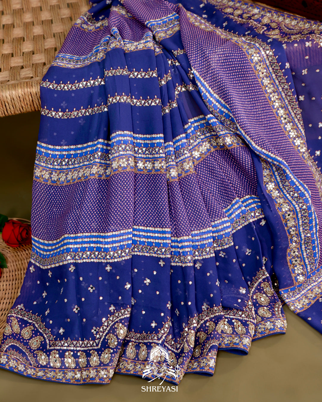 Georgette Cocktail Saree with Mukaish and Zardozi Mirror Embroidery