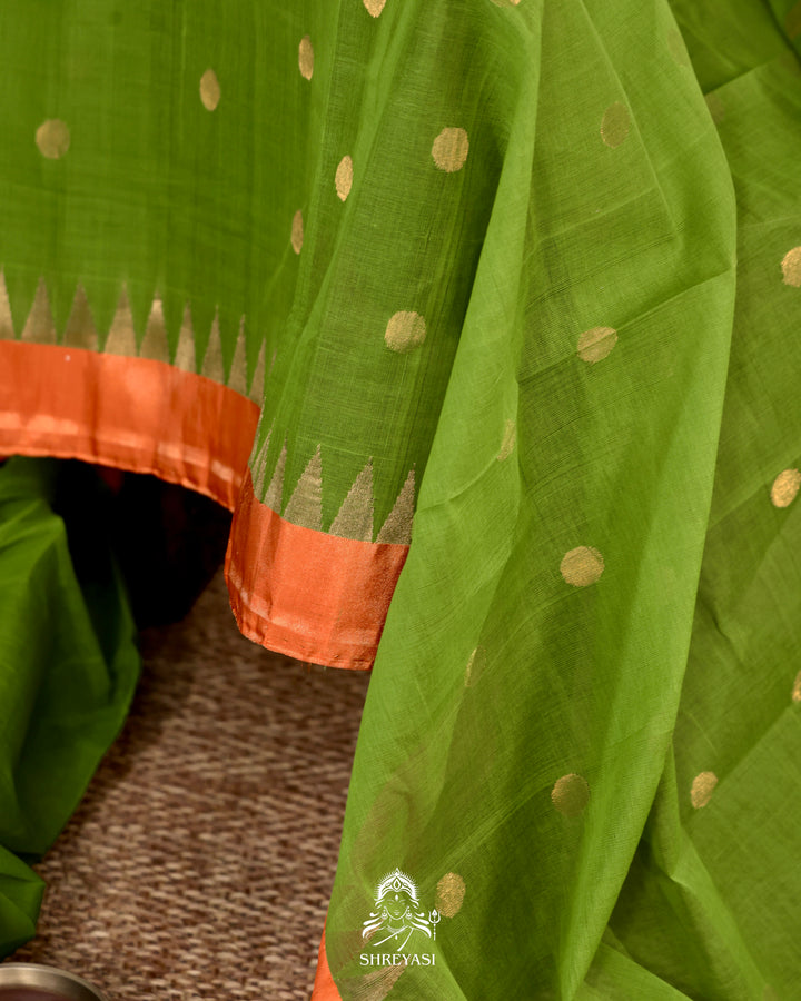 Handwoven Pure Ponduru Khadi Jamdani Saree in Fresh Leaf Green with Woven Floral & Bird Pallu
