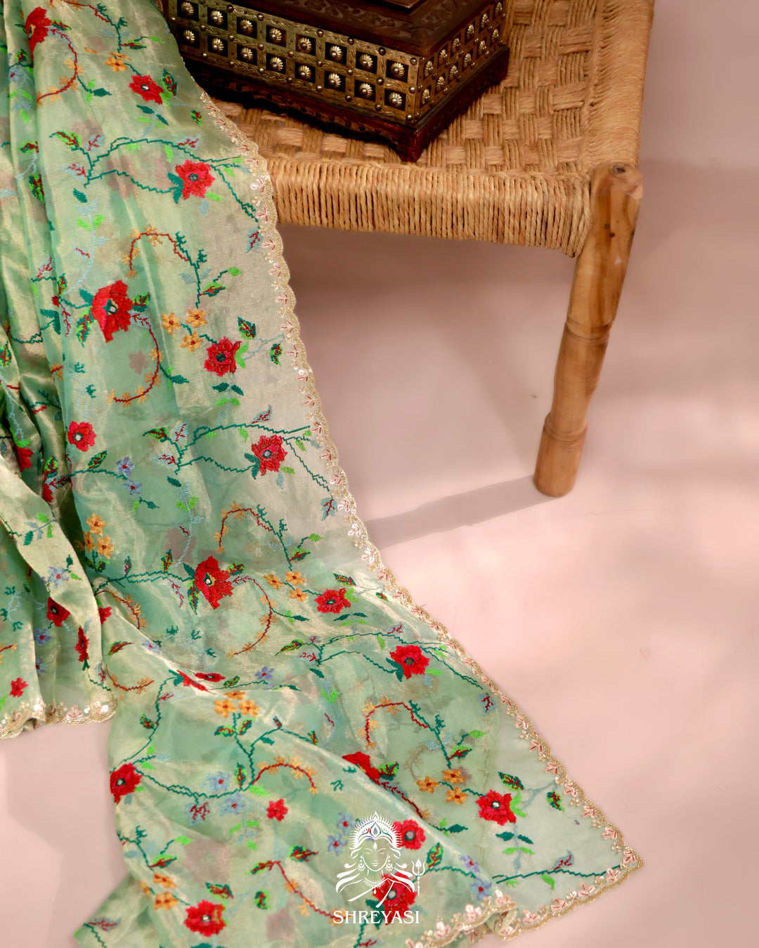 Organza Silk Saree with All-Over Petit Point Embroidery and Gotapatti Border