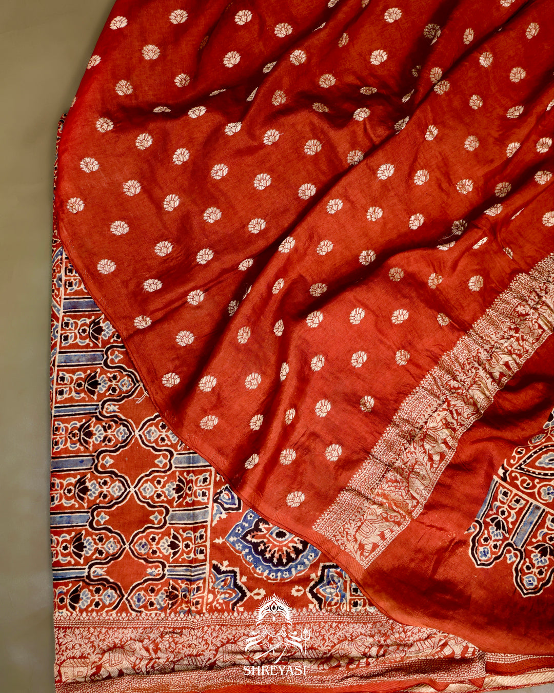 Hand Block Printed Ajrakh Dola Silk Saree with Zari Brocade Blouse