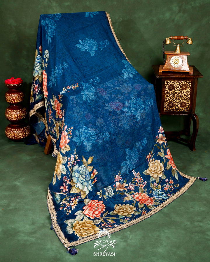 Floral Crepe Chiffon Saree with Embroidered Borders