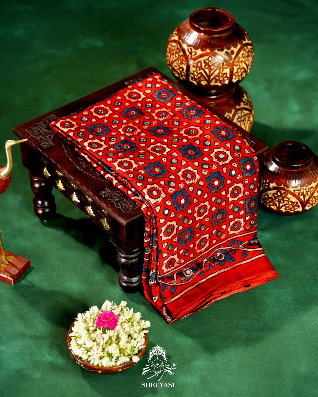 Mirror Work Pure Modal Silk Ajrakh Hand Block Printed Saree | Naturally Dyed Artisan Collection