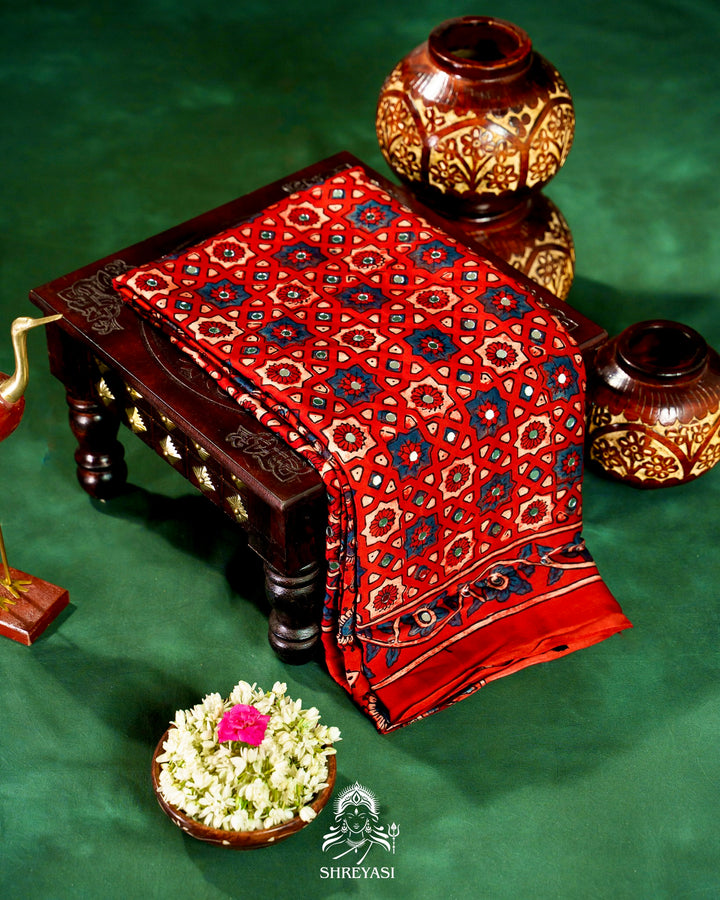 Mirror Work Pure Modal Silk Ajrakh Hand Block Printed Saree | Naturally Dyed Artisan Collection