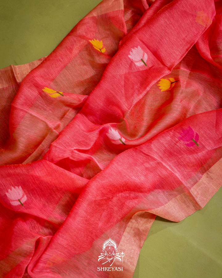 Handloom Silk Linen Jamdani Saree with Tissue Paithani Pallu
