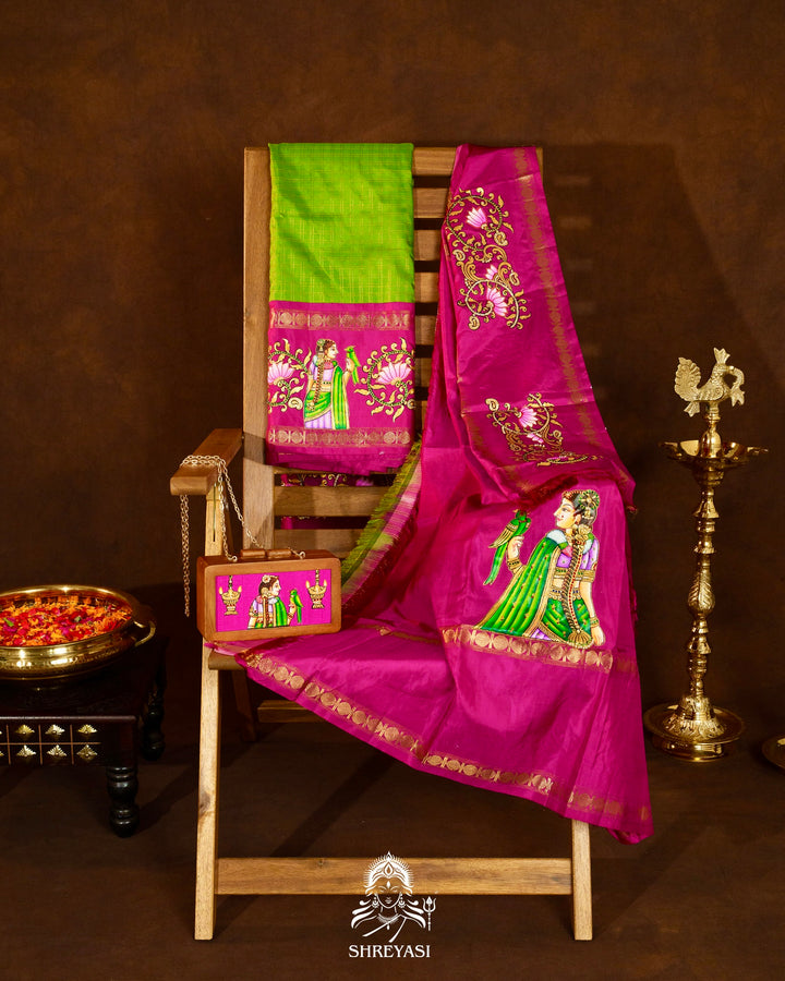 Traditional Tanjore Painting on Handloom Pure Kanjivaram Silk Sarees with Real Zari