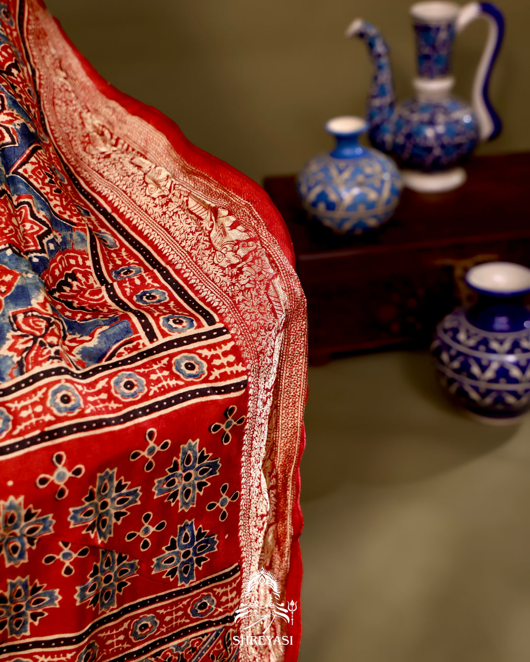 Hand Block Printed Ajrakh Dola Silk Saree with Zari Brocade Blouse