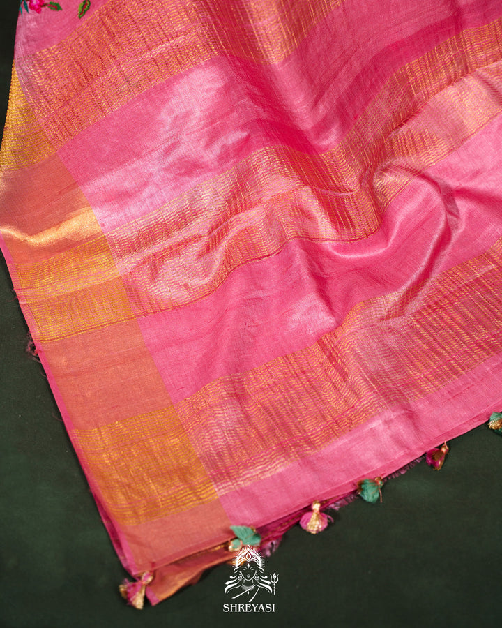 Handloom Pure Desi Tussar Silk Saree with Petit Point Embroidery