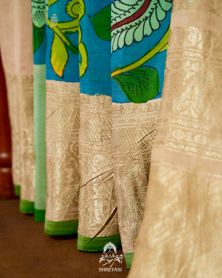 Handloom Pure Gadwal Silk Saree with Hand Painted Pen Kalamkari and Silver Zari Borders