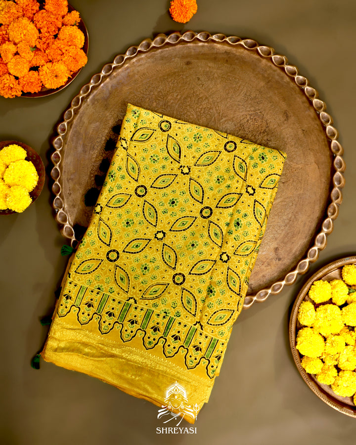 Hand Block Printed Ajrakh Dola Silk Saree with Zari Brocade Blouse