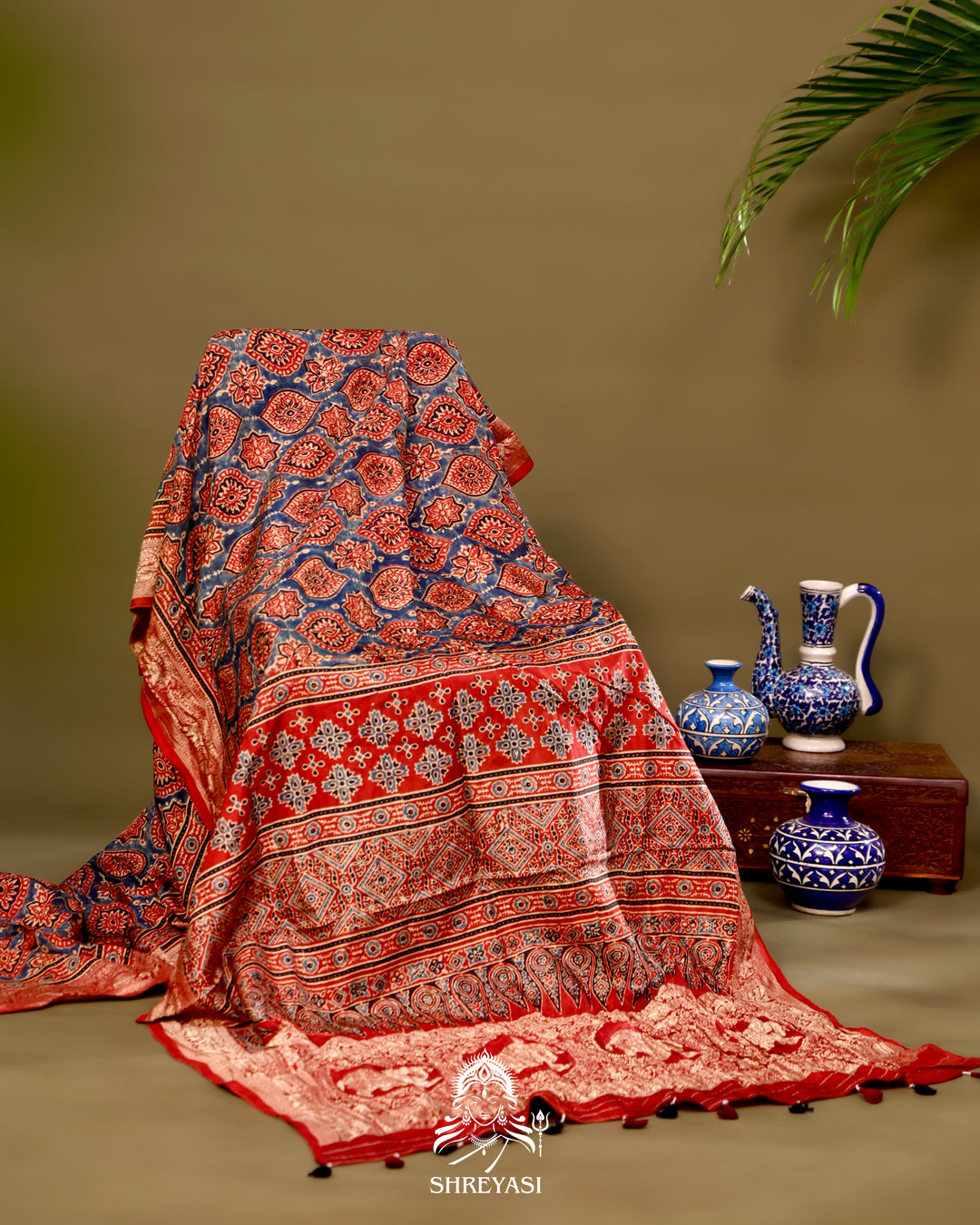 Hand Block Printed Ajrakh Dola Silk Saree with Zari Brocade Blouse