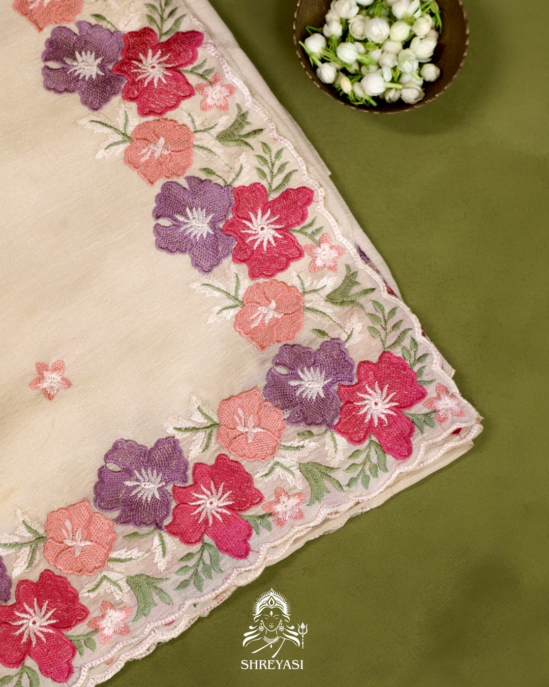 Tussar Silk Saree with Resham Floral Embroidery Border