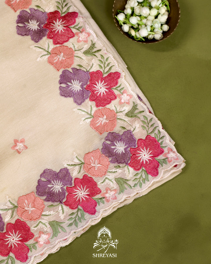 Tussar Silk Saree with Resham Floral Embroidery Border