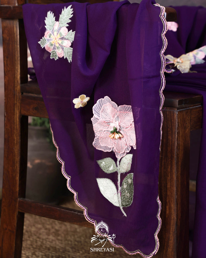 Handloom Pure Chiffon Saree with 3D Appliqué Embroidery